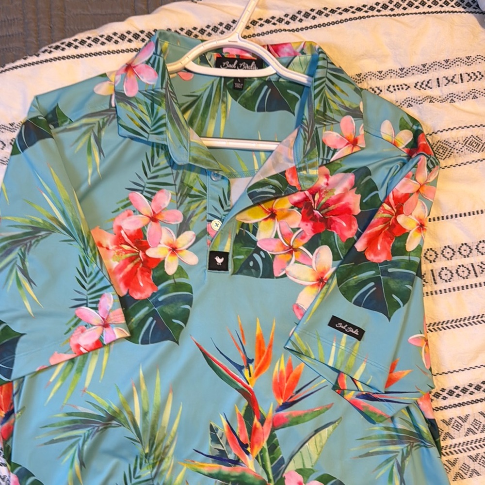 Men’s Teal Floral Hawaiian Polo Shirt
